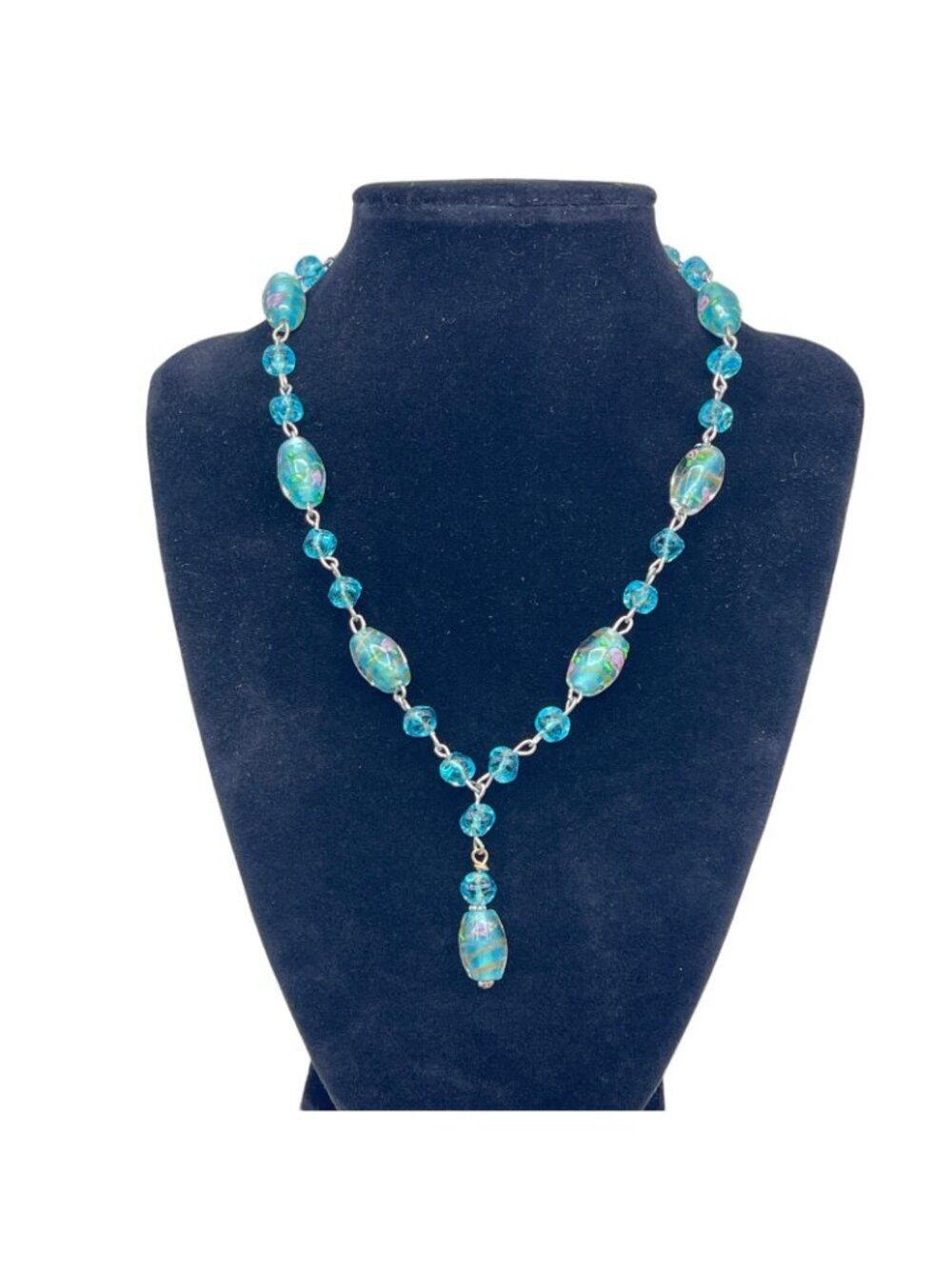 Handmade Glass Bead Lavalier Necklace Teal Gold Pink Rose Sterling Vintage 1950s - Picture 11 of 13